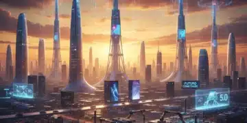 5G España 2026: Impulso Industrial y Eficiencia Empresarial Paisaje urbano futurista español con torres 5G y elementos industriales inteligentes