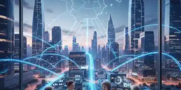 Paisaje urbano español futurista con redes 5G conectando empresas y profesionales colaborando.
