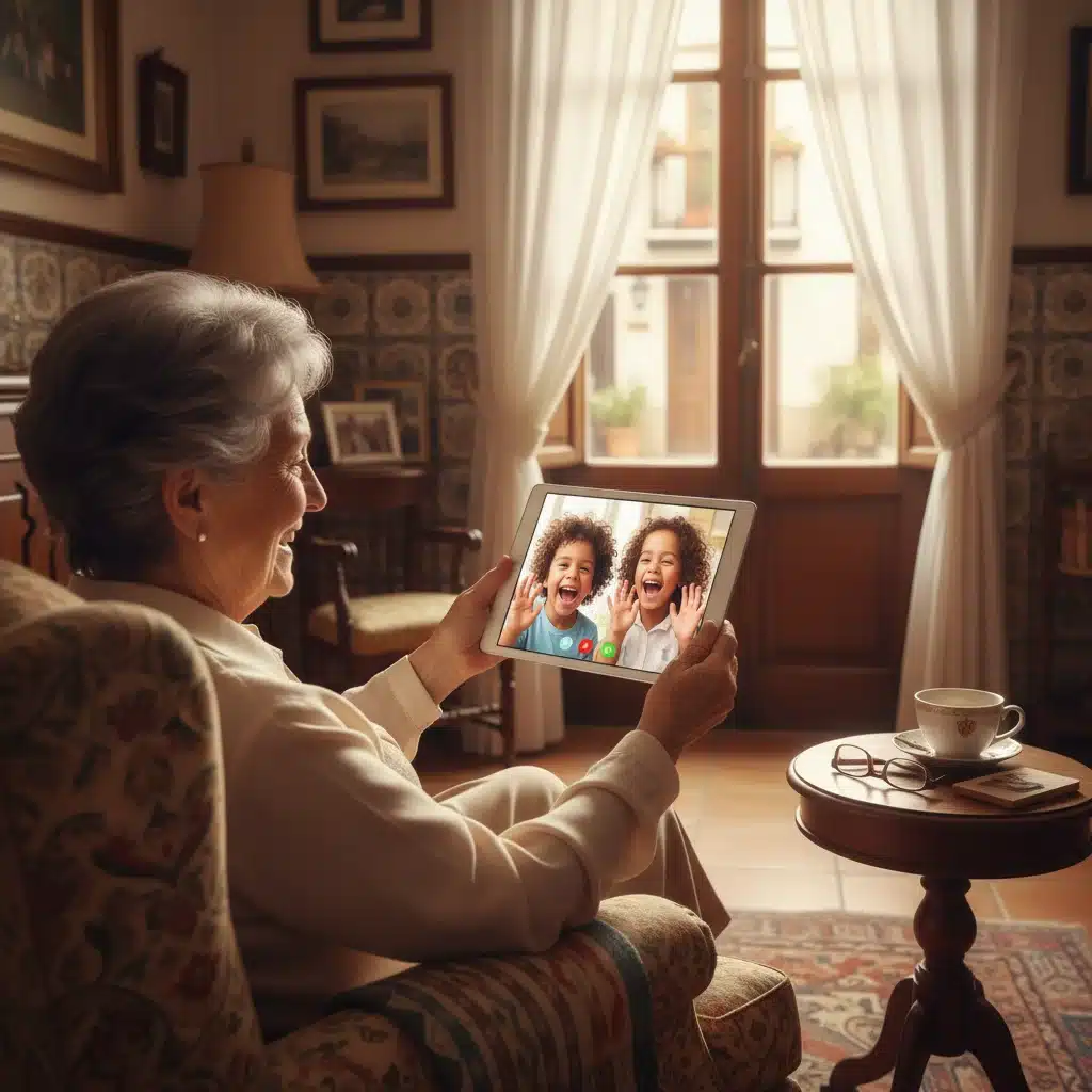 Abuela haciendo videollamada con sus nietos, demostrando la conexión familiar a través de la tecnología.