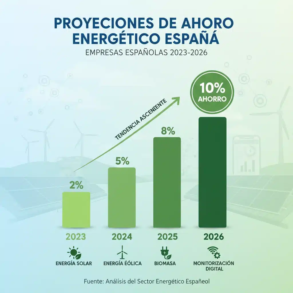 Gráfico de barras proyectando el ahorro energético del 10% para empresas españolas gracias a la digitalización y sostenibilidad.