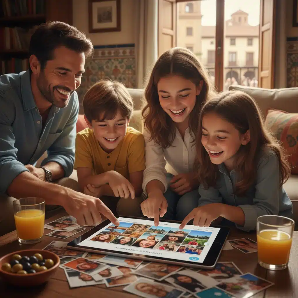 Padres e hijos en España creando un álbum de fotos digital colaborativo, compartiendo recuerdos familiares y fortaleciendo lazos.