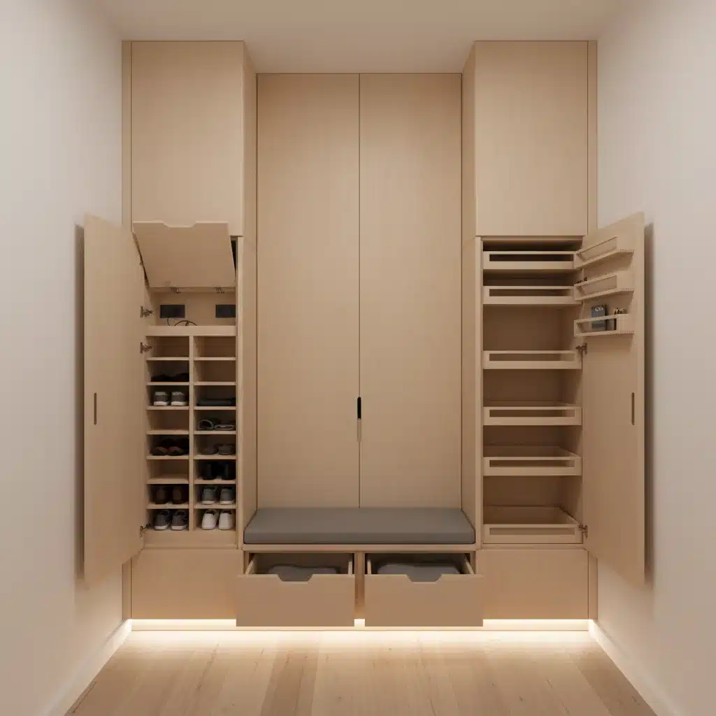 Mueble de almacenamiento empotrado y multifuncional en un pasillo estrecho.