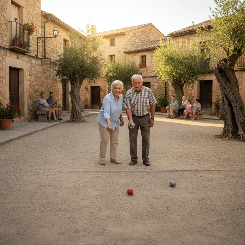 Amigos mayores jugando a la petanca en una plaza de pueblo español, reflejando una amistad duradera.