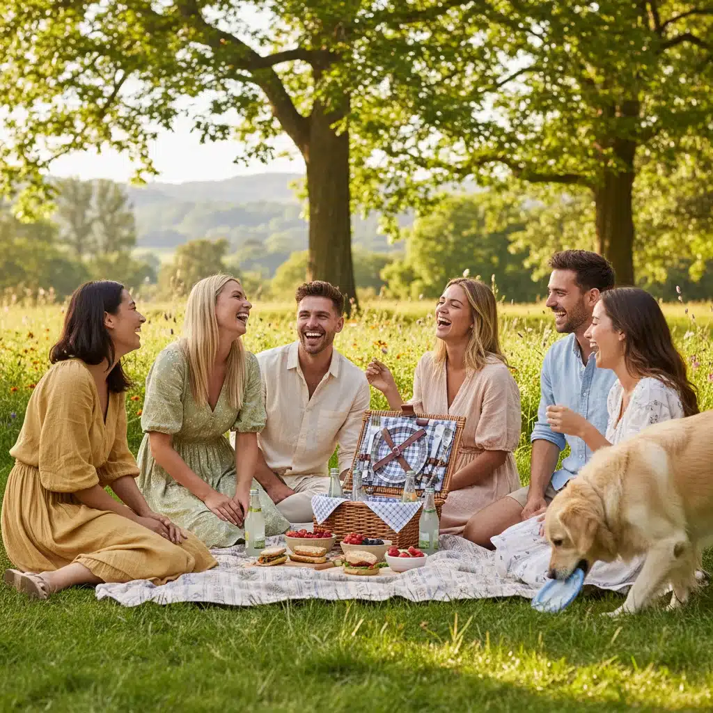 Grupo de amigos riendo y disfrutando de un picnic en un parque, simbolizando la recreación y la conexión social en el fin de semana.