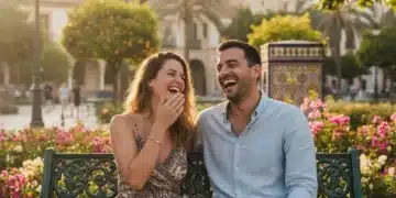 Dos amigos riendo en un parque soleado de España, simbolizando la alegría de la amistad.