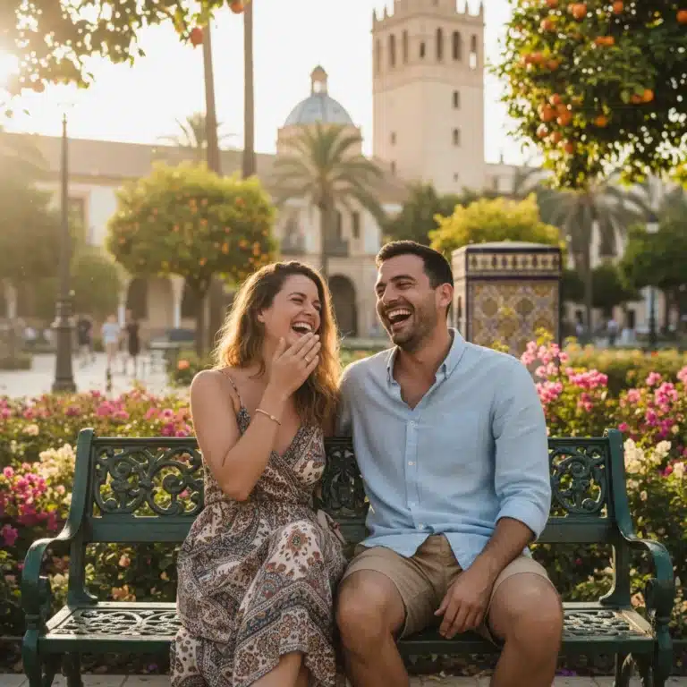 Dos amigos riendo en un parque soleado de España, simbolizando la alegría de la amistad.