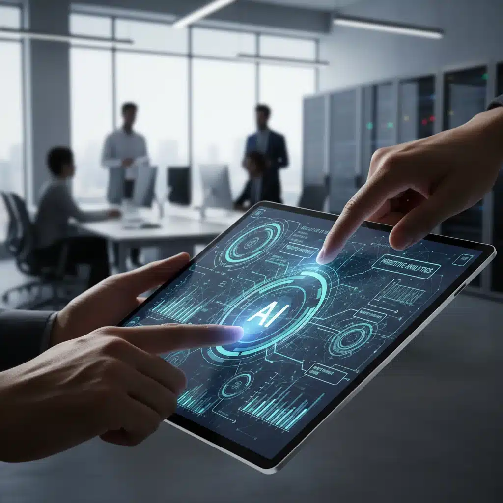 Manos interactuando con una visualización de datos compleja en una tablet, simbolizando el análisis de datos y la inteligencia artificial, habilidades tecnológicas clave.
