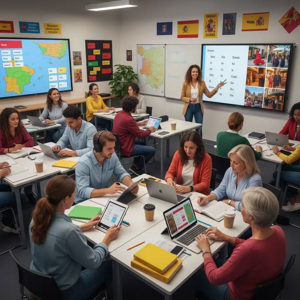 Estudiantes de diversas edades y culturas aprendiendo español con entusiasmo en un aula moderna.