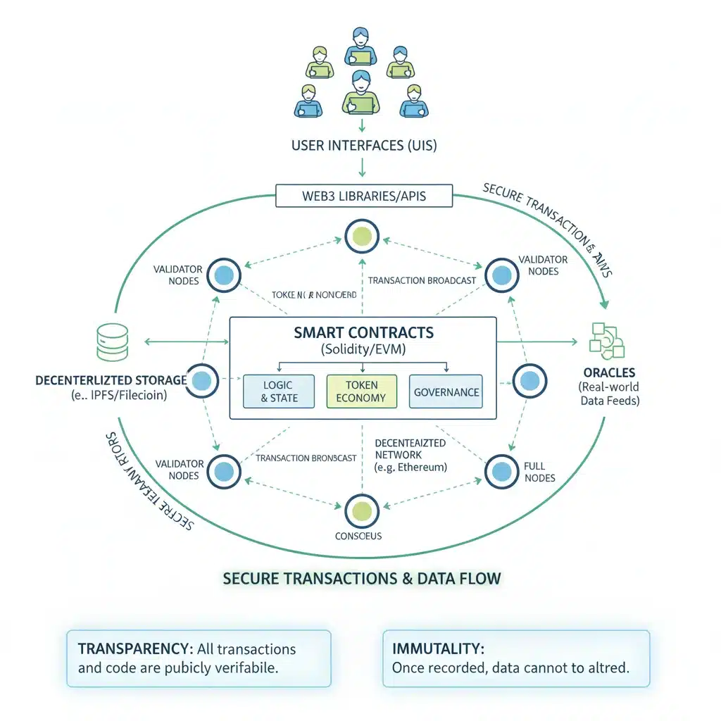 Diagrama explicativo de la arquitectura de una aplicación descentralizada (dApp) y sus componentes.