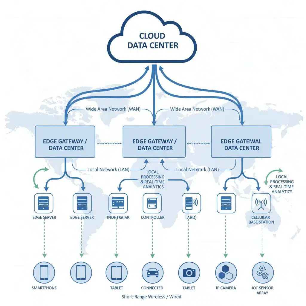 Diagrama de arquitectura de Edge Computing mostrando la distribución de nodos y el flujo de datos optimizado.