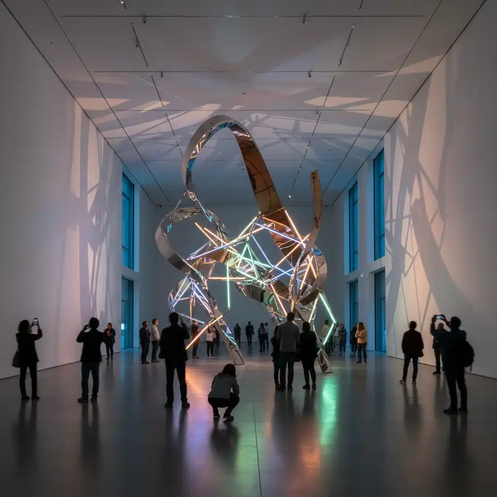 Instalación de arte contemporáneo con esculturas abstractas de metal y luz en una sala de museo moderna