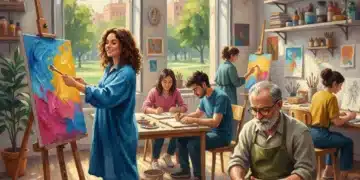 Grupo de personas españolas participando activamente en una sesión de arte terapia, pintando y esculpiendo con concentración y expresión creativa en 2026.