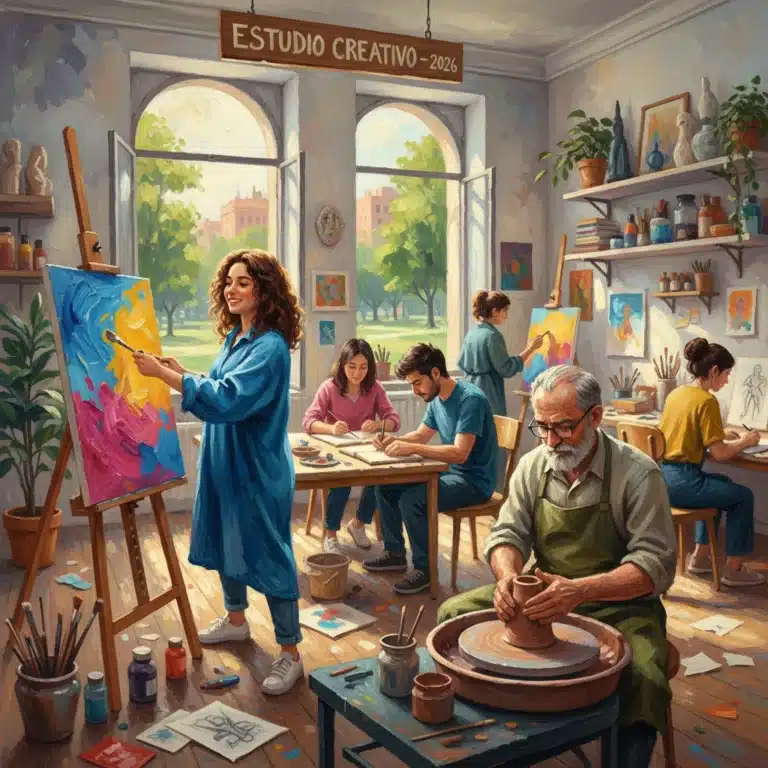 Grupo de personas españolas participando activamente en una sesión de arte terapia, pintando y esculpiendo con concentración y expresión creativa en 2026.