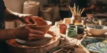 Manos de artesano trabajando en cerámica tradicional española, rodeado de herramientas y piezas únicas.