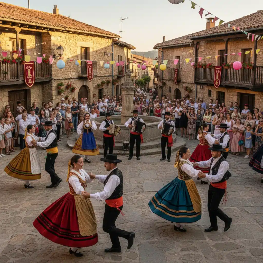 Grupo de personas bailando la jota aragonesa en una plaza festiva, con músicos tocando instrumentos tradicionales.