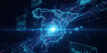 Mapa abstracto de España con flujos de datos y gráficos analíticos, simbolizando el impacto del Big Data en la economía española y el crecimiento empresarial.