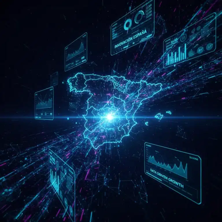 Mapa abstracto de España con flujos de datos y gráficos analíticos, simbolizando el impacto del Big Data en la economía española y el crecimiento empresarial.