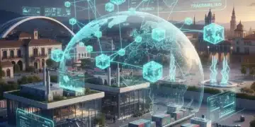 Blockchain en Cadena Suministro 2026: Ventajas Competitivas para Empresas Españolas Representación visual de una cadena de suministro global optimizada con tecnología Blockchain, destacando transparencia y eficiencia para empresas españolas.