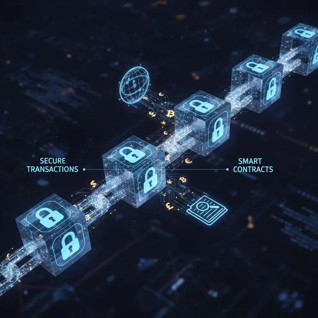 Ilustración de la tecnología Blockchain con bloques interconectados, simbolizando seguridad y transparencia en transacciones financieras.
