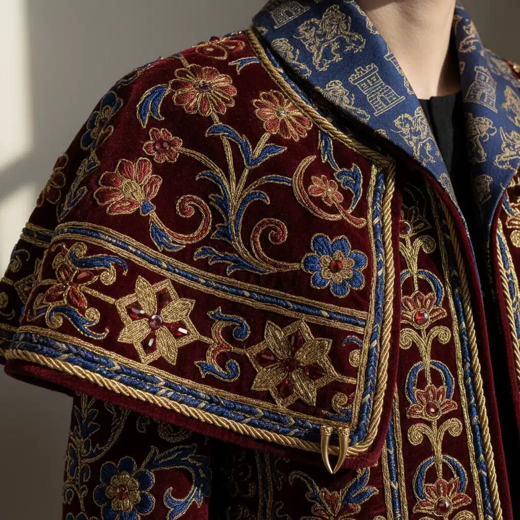 Detalle de bordado artesanal en un vestido de alta costura española, mostrando la riqueza textil