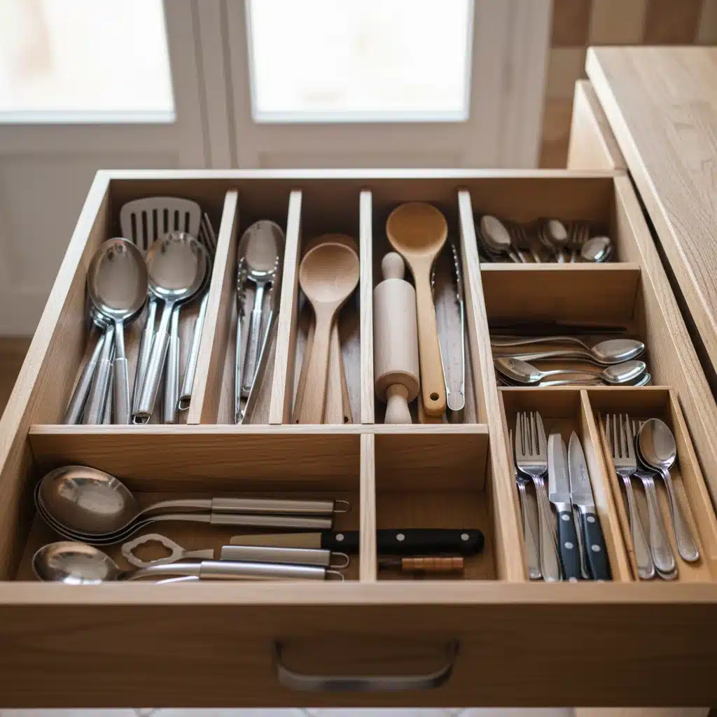 Cajón de cocina español organizado con utensilios en divisores, mostrando soluciones prácticas de almacenamiento.