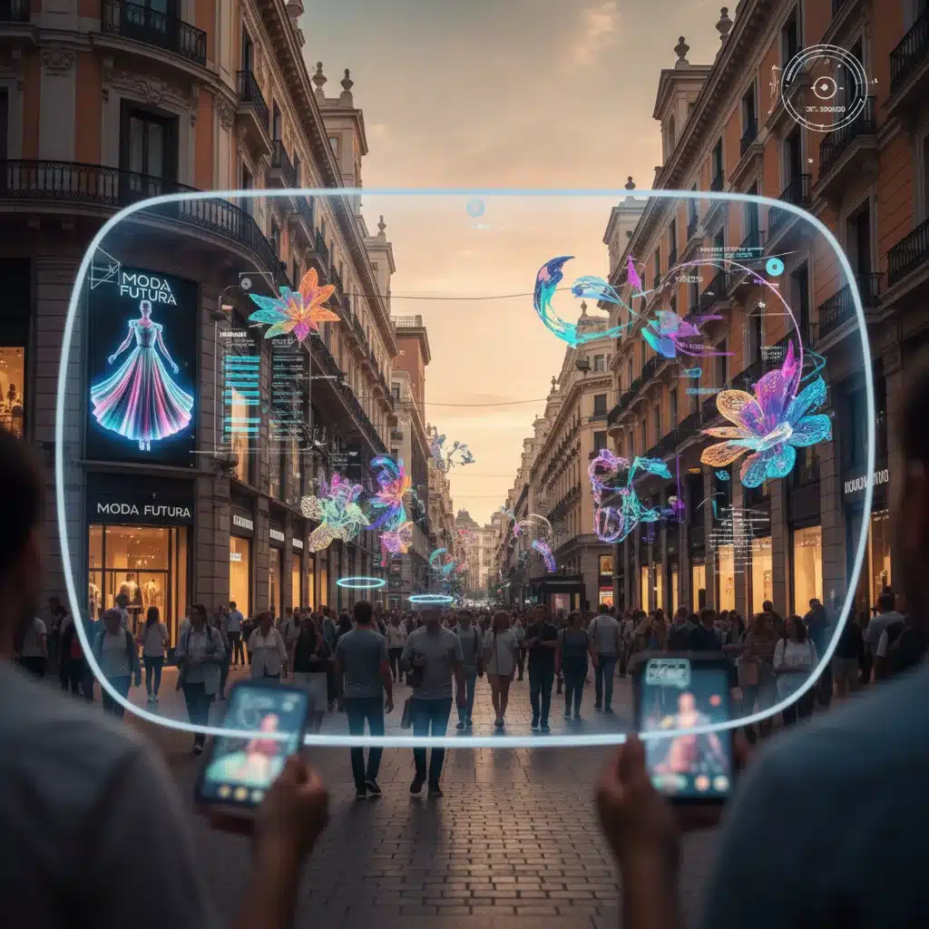 Calle comercial española con elementos de realidad aumentada superpuestos, mostrando publicidad interactiva y contenido digital.