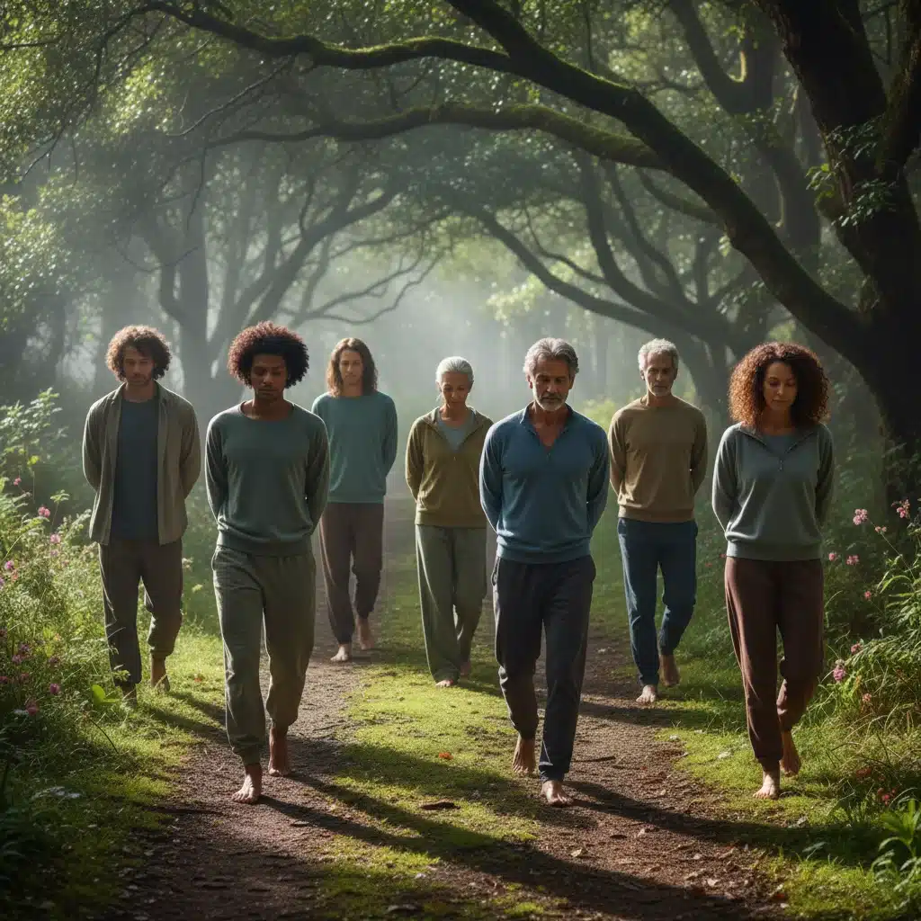 Grupo de personas caminando conscientemente en la naturaleza, promoviendo el bienestar.