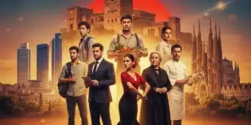 Cartel cinematográfico vibrante de una película española que refleja la diversidad cultural y social de España.
