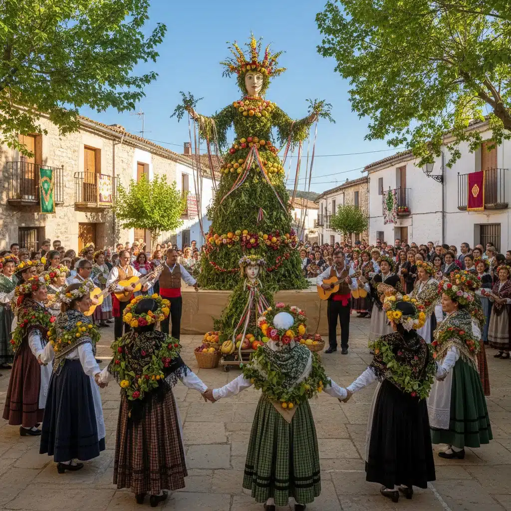 Celebración de los Mayos en un pueblo español, con gente decorando un árbol y cantando.