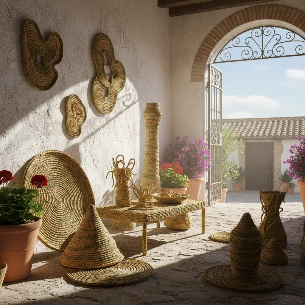 Cestas y objetos decorativos de esparto hechos a mano, expuestos en un patio rústico español.