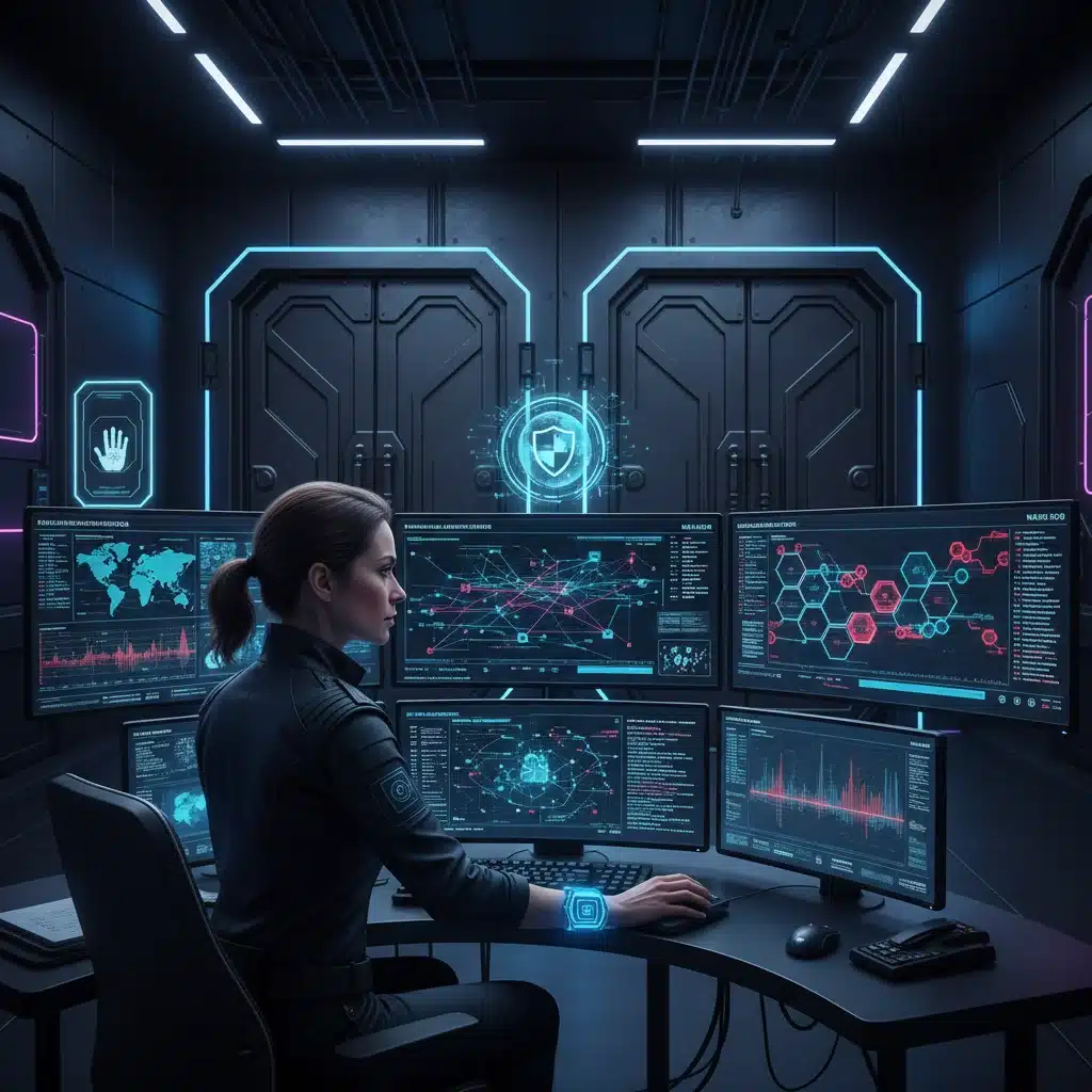 Experto en ciberseguridad monitoreando sistemas avanzados de protección de datos en el entorno Web3.
