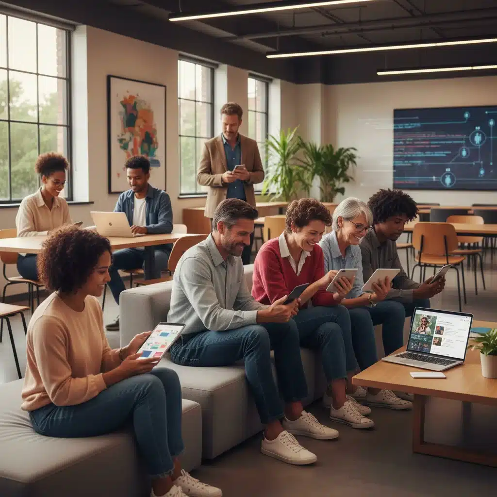 Clientes diversos interactuando con dispositivos digitales, experimentando contenido personalizado y satisfacción.