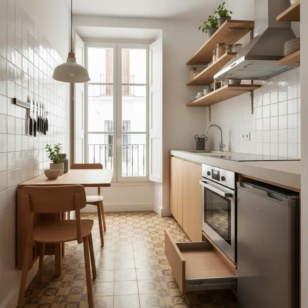Cocina pequeña con mesa plegable y soluciones de almacenamiento vertical.