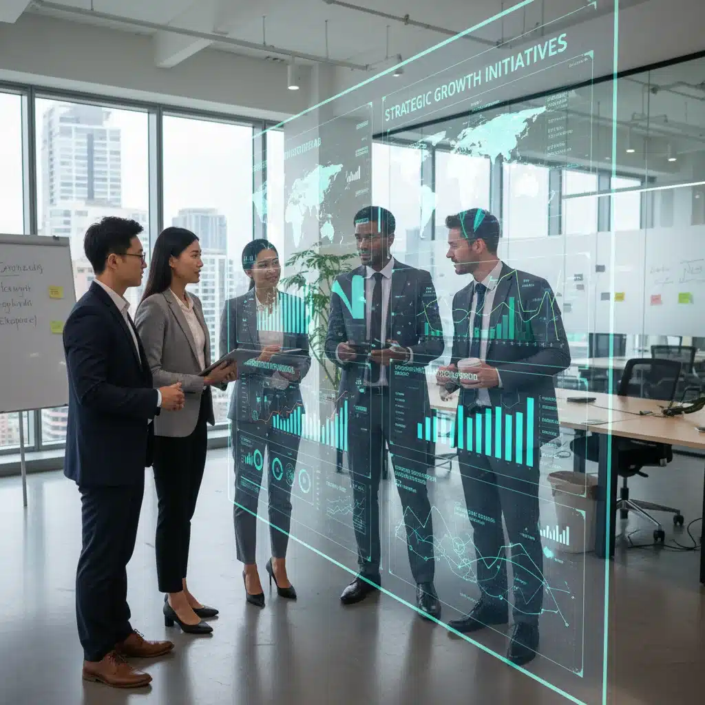 Profesionales de negocios colaborando alrededor de una pantalla interactiva con visualizaciones de datos y modelos predictivos, mostrando la toma de decisiones basada en Big Data.