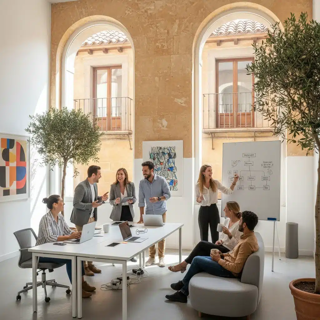 Equipo de trabajo colaborando felizmente en una oficina moderna, mostrando un entorno laboral saludable.