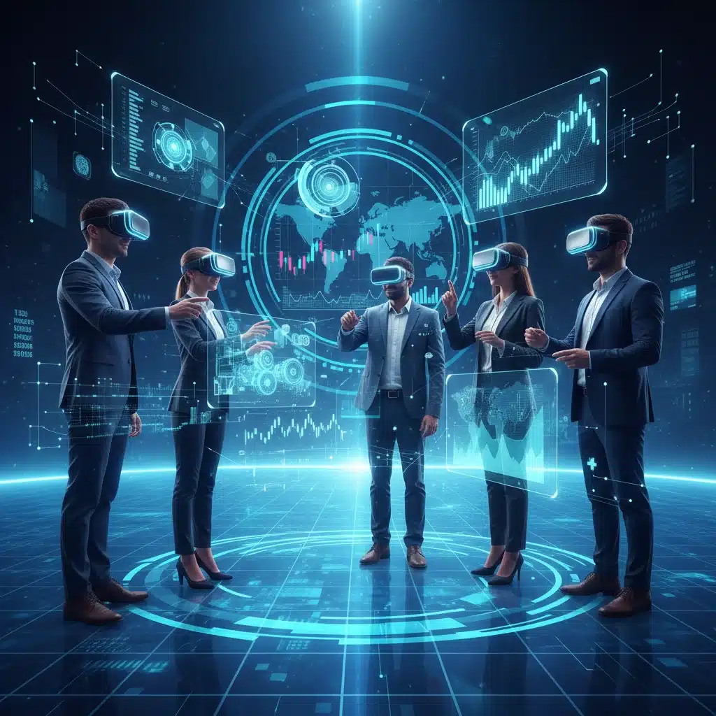 Profesionales colaborando en una sala de reuniones virtual del metaverso, mostrando el potencial de negocio.