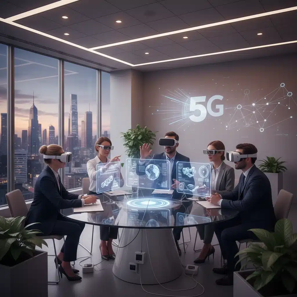 Profesionales empresariales colaborando con realidad aumentada y virtual gracias a 5G