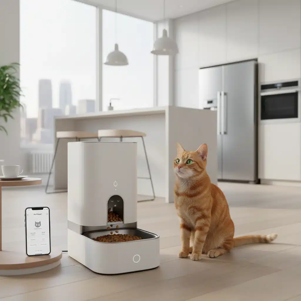 Comedero inteligente dispensando alimento a un gato en una cocina moderna