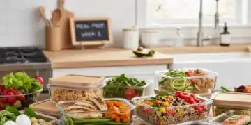 Mesa de cocina organizada con recipientes de comida preparada para la semana, mostrando una planificación eficiente y saludable.