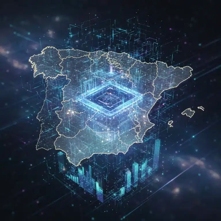Representación futurista de computación cuántica integrada en el panorama empresarial español.