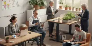 Mujeres y hombres de diversas edades conciliando vida familiar y laboral en España con éxito, simbolizando el equilibrio y la flexibilidad.
