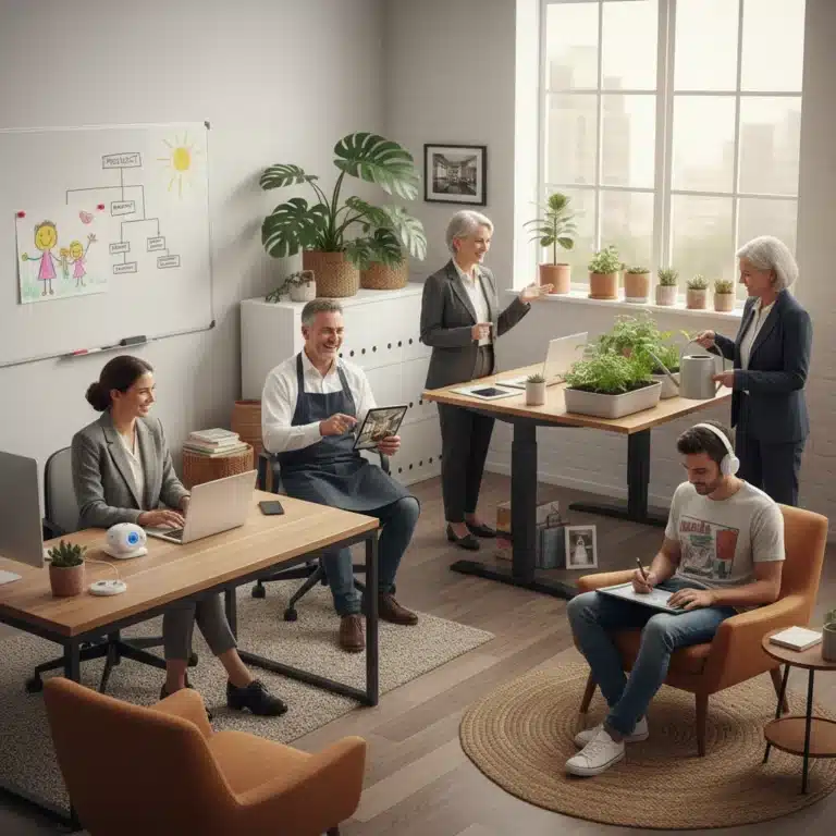 Mujeres y hombres de diversas edades conciliando vida familiar y laboral en España con éxito, simbolizando el equilibrio y la flexibilidad.