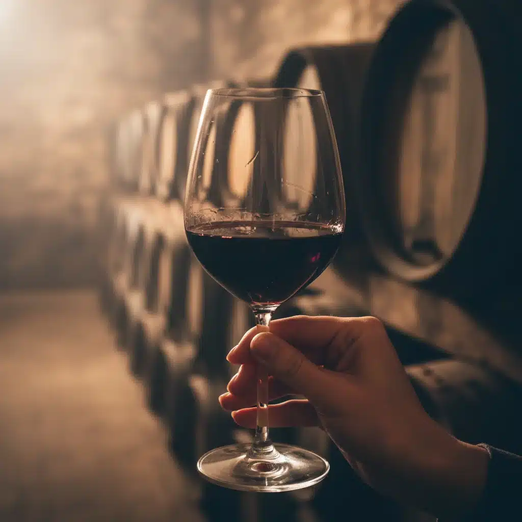 Copa de vino tinto Rioja en bodega, barricas de roble