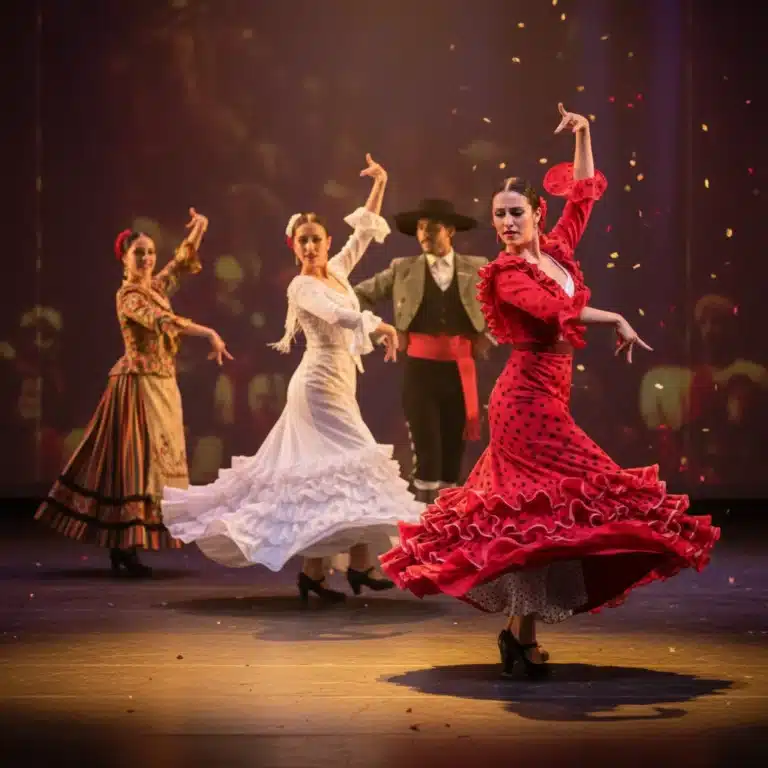 Bailarines de danza española en un escenario, con una bailaora de flamenco en primer plano y otros estilos tradicionales al fondo, simbolizando el renacimiento cultural.