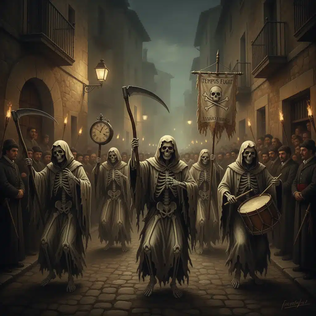 Representación de la Danza de la Muerte de Verges, con esqueletos danzando en la noche.