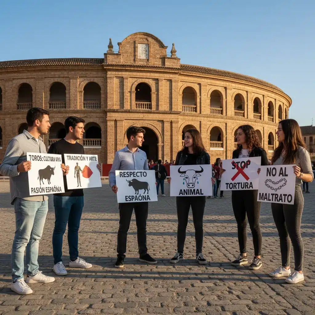 Jóvenes debatiendo sobre la tauromaquia, representando las dos principales corrientes de opinión.