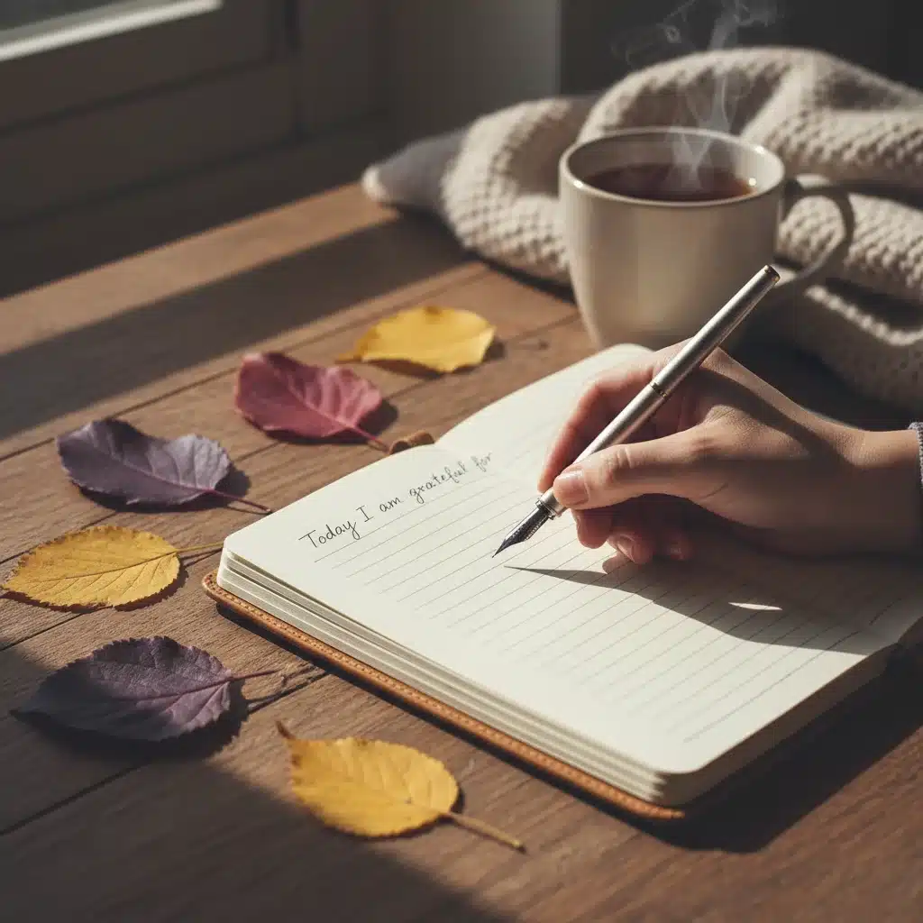 Mano escribiendo en un diario de gratitud, fomentando la reflexión positiva.