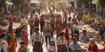 Grupo diverso de personas celebrando la inclusión en una plaza española moderna.