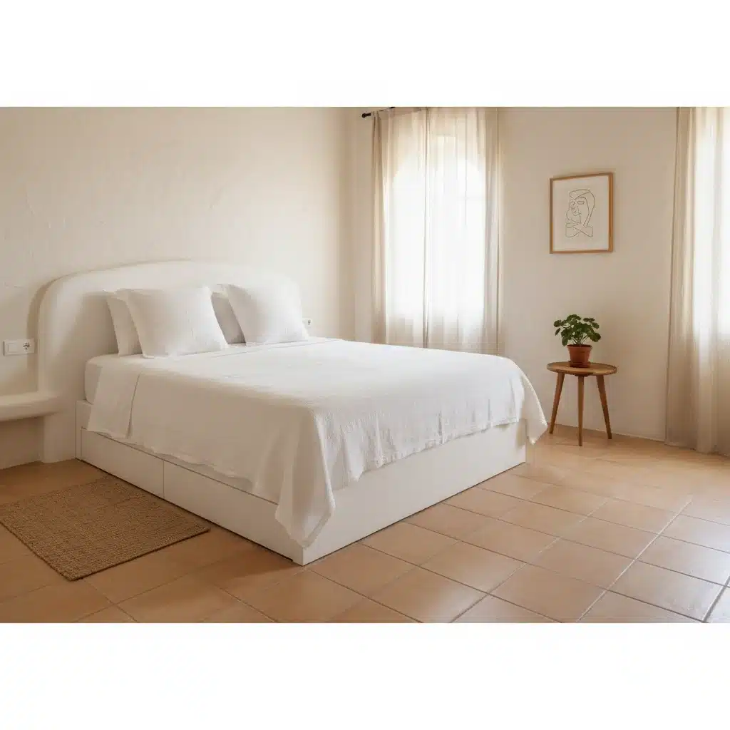 Dormitorio español minimalista y ordenado con cama hecha y mesita de noche despejada, transmitiendo serenidad.