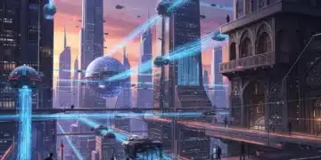 Edge Computing 2026: Procesamiento de Datos Ultra Rápido para Empresas Españolas Paisaje urbano futurista con flujos de datos, representando la velocidad y eficiencia del Edge Computing en España.